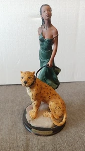 EBONY TREASURES BEAUTIFUL YOUNG WOMAN WITH LEAPORD FIGURINE - Picture 1 of 10
