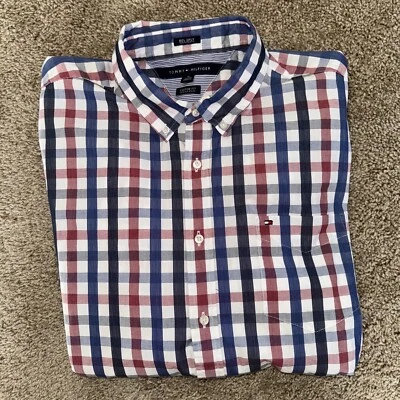 Camisa de vestir TOMMY HILFIGER AÑOS 80 2 CAPAS tela hombres grande EE. UU. escudo a rayas logotipo XL Foto 1 de 4
