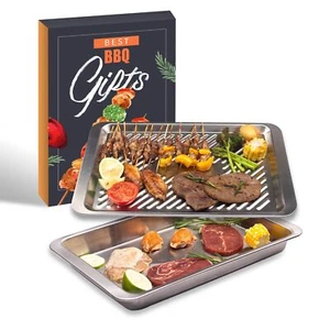 Grilling Prep and Serve Trays Set of 2 Stackable Stainless Steel BBQ Trays Ma... - Picture 1 of 7