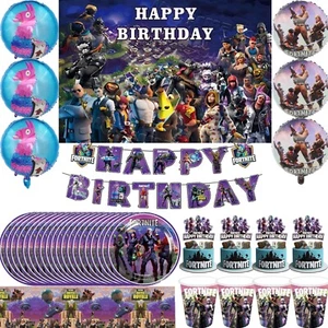 Fortnite Birthday Tableware Cup Plate Party Supplies Alpaca Foil Balloons Banner - Picture 1 of 28