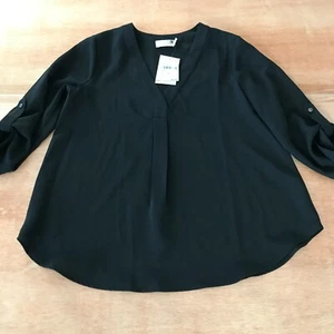 Top Everleigh Mujer Mediano Pequeño Negro Cuello en V Manga con lengüeta enrollable Preppy Hippie - Imagen 1 de 12