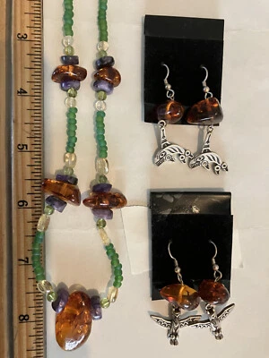Necklace choker & 2 sets earrings Amber Charoite Citrine Whale Bird Totems - Image 1 of 4