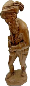 ANTIQUE 20" Wooden Hand Carved Smoking Old Man Statue Sculpture - Picture 1 of 3