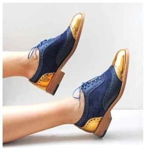 New Handmade Women's Dark Blue, Golden Leather Dress Wingtip Lace Up Shoe Women. - Picture 1 of 10