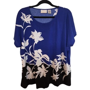 Alfred Dunner Damen Größe 1 X U-Boot-Ausschnitt Blau Blumenmuster Bluse Pailletten Sommer Top - Bild 1 von 6