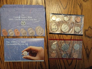 1991 US Mint Uncirculated coin set P&D, 10 coins, original envelopes - Picture 1 of 8
