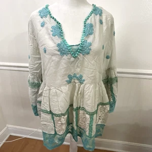 Shoreline Boutique Swing-Bluse Spitze Perlen türkis grau Bohemian Damengröße L/XL - Bild 1 von 11