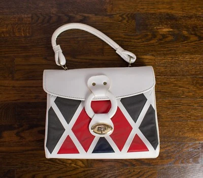 Bolsa estruturada retrô de couro branco padrão diamante argila vermelha e azul década de 1970 - Imagem 1 de 4