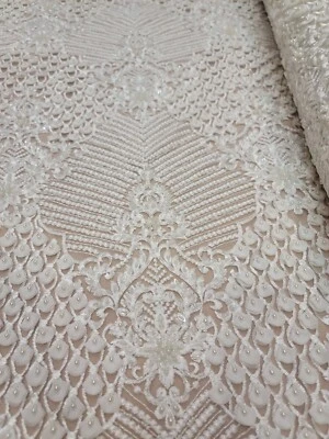 Tela de encaje con cuentas blanco roto por yarda - 3D hojas de gasa bordado floral Foto 1 de 4