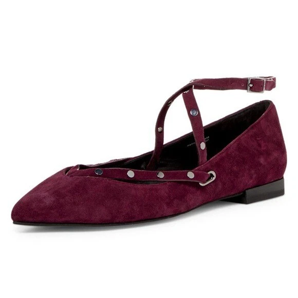 Rebecca Minkoff Faye Dark Maroon Suede Studded Straps Pointed Toe Flats Size 8 — 第 1/4 张图片