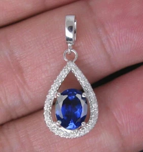 2Ct Oval Cut Lab-Created Blue Sapphire Halo Pendant 14K White Gold Plated - Picture 1 of 6