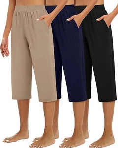 Huukeay 3 Pack Women's Capri Sweatpants, Cozy Wide Legs Cropped Capri with - Picture 1 of 7