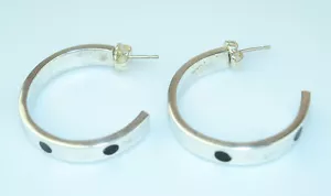 VTG MEXICAN STERLING SILVER HEAVY HALF HOOP EARRINGS INLAID BLACK ENAMEL CIRCLES - Picture 1 of 6
