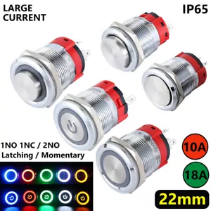 22mm Push Button Switch Latching Momentary On Off LED Large Current Waterproof - Picture 1 of 19