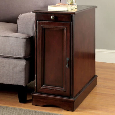 Narrow End Table w/Charging Station, Wood Side Table w/Drawer and Cup Holders - Image 1 of 4