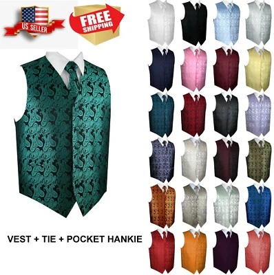 Men's Paisley Formal Tuxedo Vest, Tie, Hankie set Wedding Prom Cruise Homecoming - Image 1 of 2