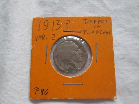 1913 P T-2 Buffalo Nickel W/Planchet Defect Cover