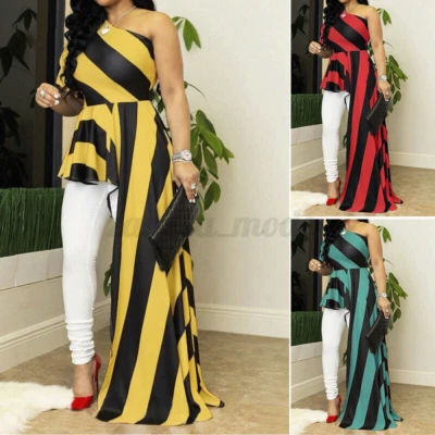 Sexy Blusa de Fiesta Cóctel para Mujer ZANZEA Manga Asimétrica Prendas para el torso Camisa a Rayas Foto 1 de 4