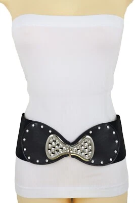 Women Wide Black Elastic Waistband Prom Dance Party Belt Bow Tie Buckle Size S M - Изображение 1 из 4