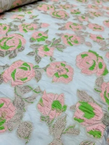 Pink Green Metallic Floral Flowers Brocade Jacquard Fabric Sold By The Yard 57"  - Picture 1 of 10