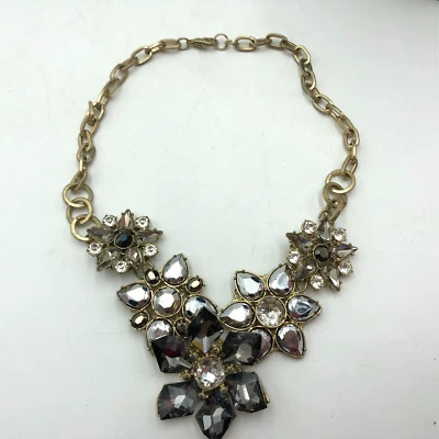 16" Anthropologie Statement Crystal Rhinestone GoldTone Necklace Grey Dark Gray - Image 1 of 4