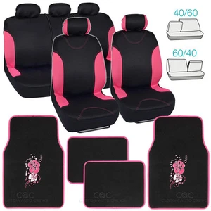 Fundas de asiento de tela de polietileno negras con borde rosa para automóvil SUV camioneta + tapetes con flores - Imagen 1 de 12