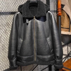 Denny&Dora Mens Shearling Jacket Detachable Hooded Sheepskin Coat Lapel Collar - Picture 1 of 11