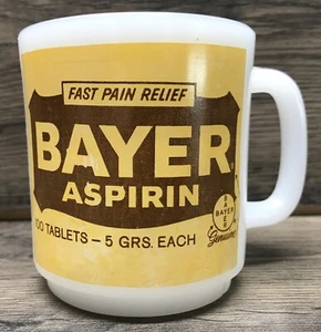 BAYER ASPIRIN Coffee Cup FAST PAIN RELIEF 100 TABLETS 5 GRS. EACH Milk Glass Mug - Picture 1 of 7