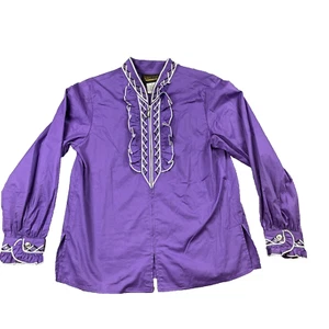 Camicia blusa vintage anni 90 Bob Mackie indossabile arte western ricamo piccola zip con volant - Foto 1 di 6