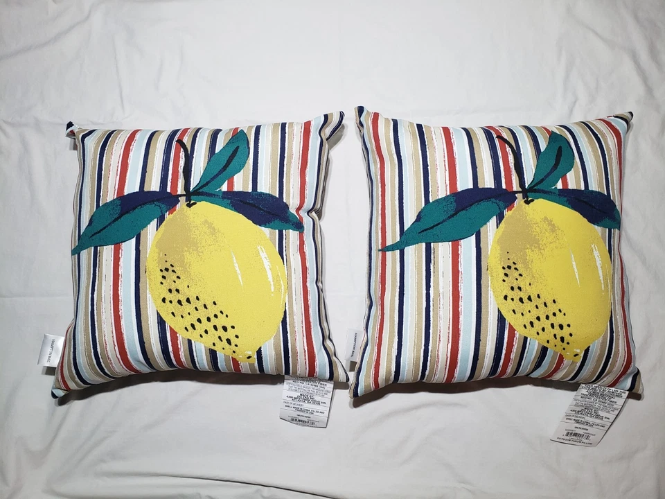2 NEW Hampton Bay Outdoor Throw Pillows w/ Lemon, Red & Blue Stripes 17" x 17" - Image 1 of 3