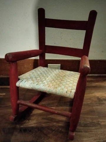 Vintage Red Wooden Child's Rocker Rocking Chair Ladder Back Woven Cotton Seat Cover
