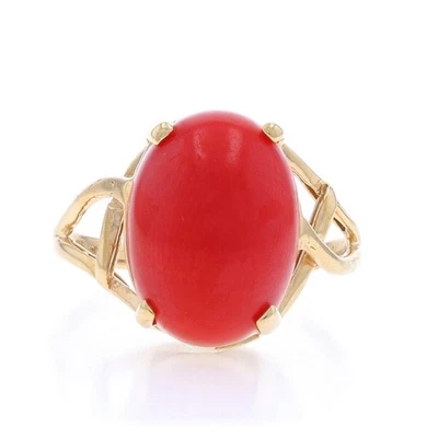 Yellow Gold Coral Cocktail Solitaire Bypass Ring - 14k Oval Cabochon - Image 1 of 4
