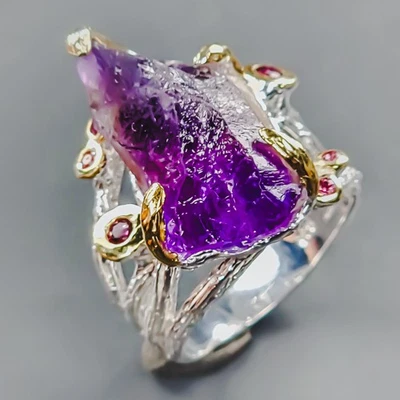 Anillo de amatista natural hecho a mano de 12 quilates + plata de ley 925 tamaño 6,5 / R438370 Foto 1 de 4