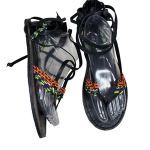 Free People La Jolla Black Embroidered Leather Strappy Flat Boho Sandals Size 39 - Picture 1 of 7