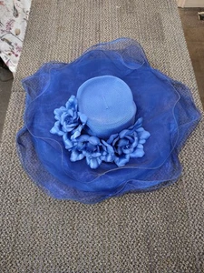 Wide Brim Hat, Women's Church Blue Flower Sun Hat, Nubiano New York - Picture 1 of 5