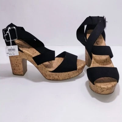 NEW American Eagle Heels Womens 11 Black Strappy Chunky Cork Platforms w/ Buckle - Image 1 of 4