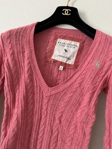 ABERCROMBIE&FITCH SEXY PLUNGE V NECK FINE CABLE KNIT EXTRA L/S PINK LONG SWEATER - Picture 1 of 9
