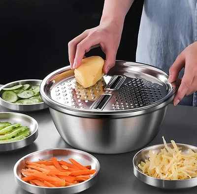 3pcs Stainless Steel Mixing Bowl & Strainer Set – Fruit & Vegetable Slicer Kit - Image 1 of 4