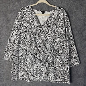 Talbots Top Women's 3X Black White Floral Paisley Faux Wrap Blouse 3/4 Sleeve - Picture 1 of 11