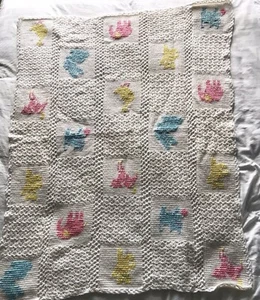 Vintage Handmade Crochet Baby Animal Afghan Crib Blanket 60” x 45” - Picture 1 of 6