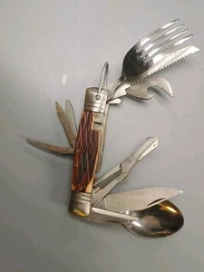 Vintage Scout Hobo Camping Pocket Knife Spoon & Fork  Multi Tool Leather Case - Picture 1 of 15