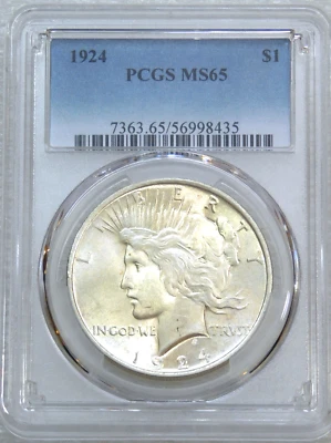1924 Peace Silver Dollar PCGS MS65 Frosty Luster PQ coin Just Graded #L129D - Image 1 of 4