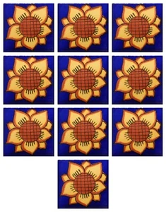 Set of 10 Handmade Mexican Talavera Ceramic Tiles 2x2" Folk Art Sunflower # 2-14 - Picture 1 of 2
