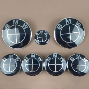 7Pcs B-M-W Black Hood Wheel Emblem Rim HubCaps Badges 82mm 74mm 4x56mm 45mm - Picture 1 of 1