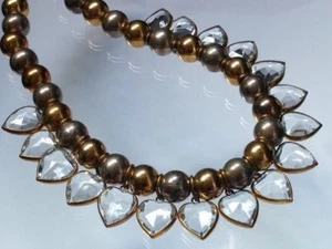 Vintage 2 Tone Silver Ball Bead Necklace Bezel Set Glass Crystal Heart Charms - Picture 1 of 12