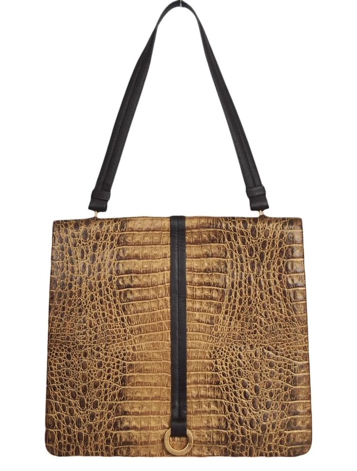 Bolsa de mão feminina GENNY Itália couro crocodilo em relevo marrom bronze - Imagem 1 de 4