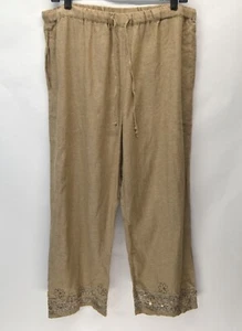 Linen Pants Womens L Beige White Stag Drawstring Boho Coastal Embroidered Flower - Picture 1 of 13