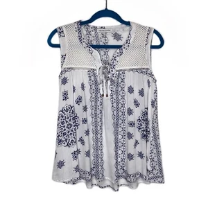 Heartloom Abri Lace Up Sleeveless Blouse Blue & White Mykonos Print XS Rayon - Picture 1 of 12