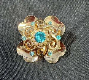 Spilla/collana unica vintage tono oro con strass colore acqua e perle finte - Foto 1 di 9