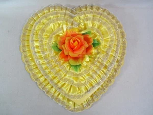 Vintage Valentine Heart Chocolate Candy Box Yellow Satin Lace 15.75" with Box - Picture 1 of 24